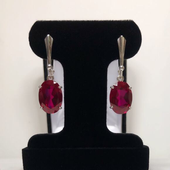 GORGEOUS 12ctw Oval Cut Ruby Earrings in Sterling Silver Lab Grown Ruby - Picture 6 of 6